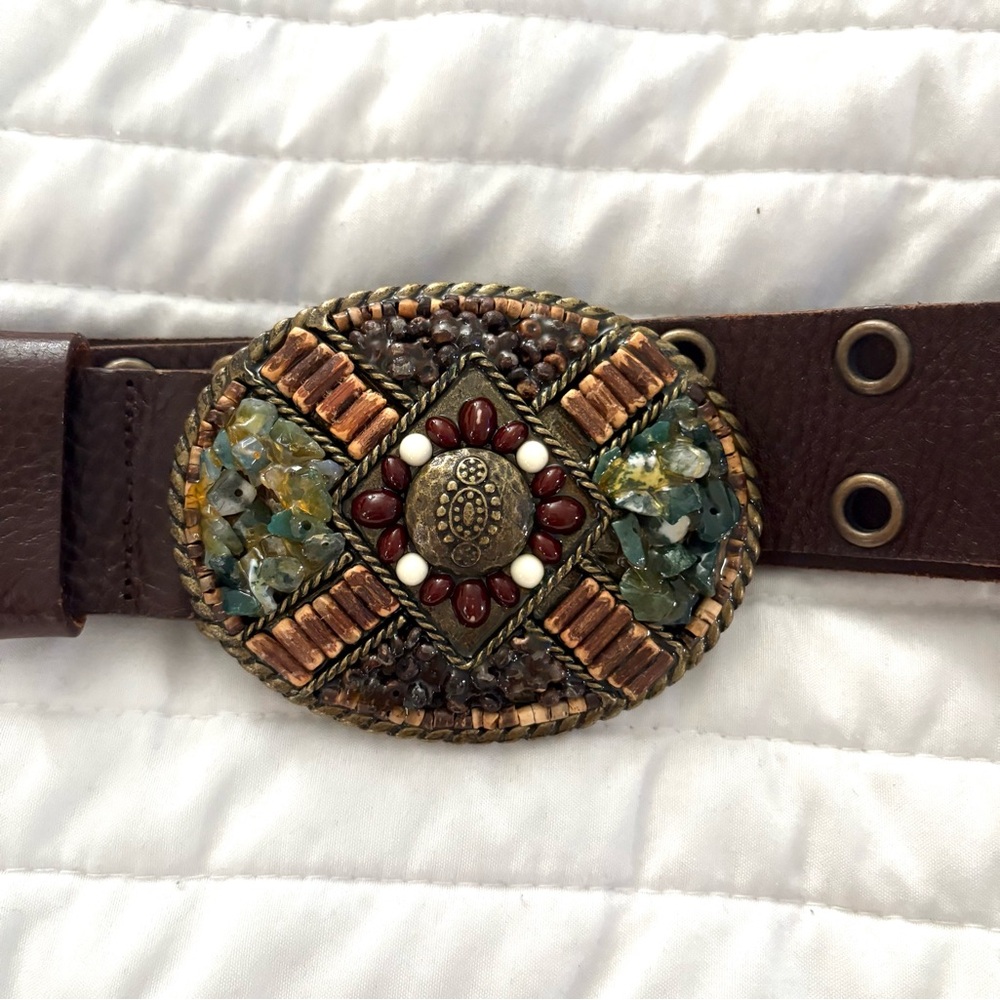 CAbi Brown Belt with Multicolor Beaded Buckle